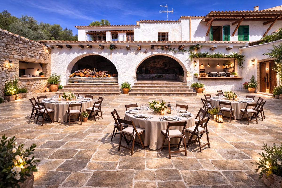 Render: the courtyard laid for dinner at dusk