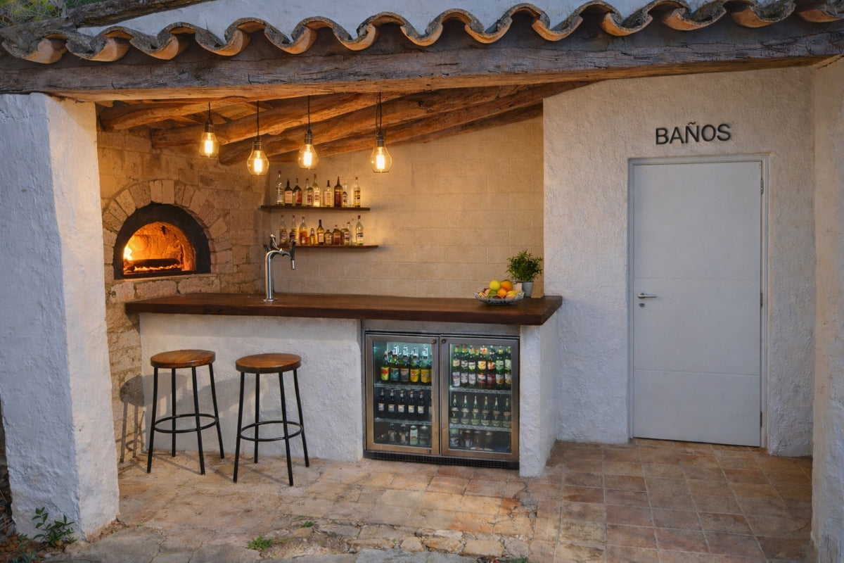 Render: an outdoor bar with a wood-fired oven