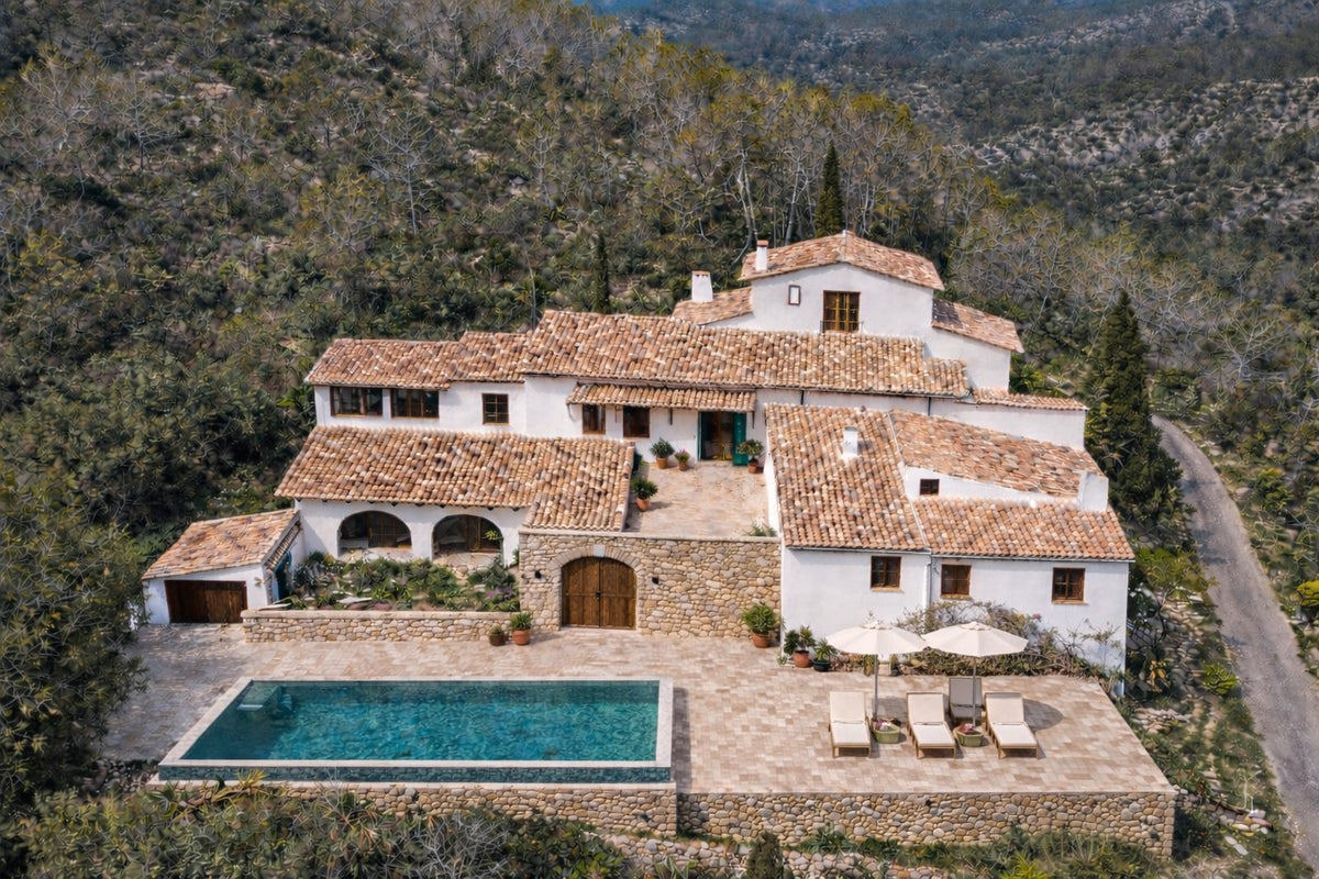 Render: the masia and its pool from above