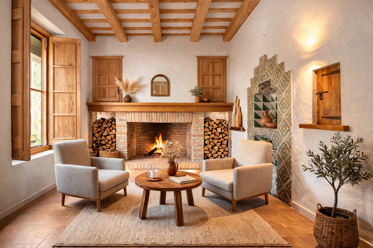 Render: the salon with its fireplace