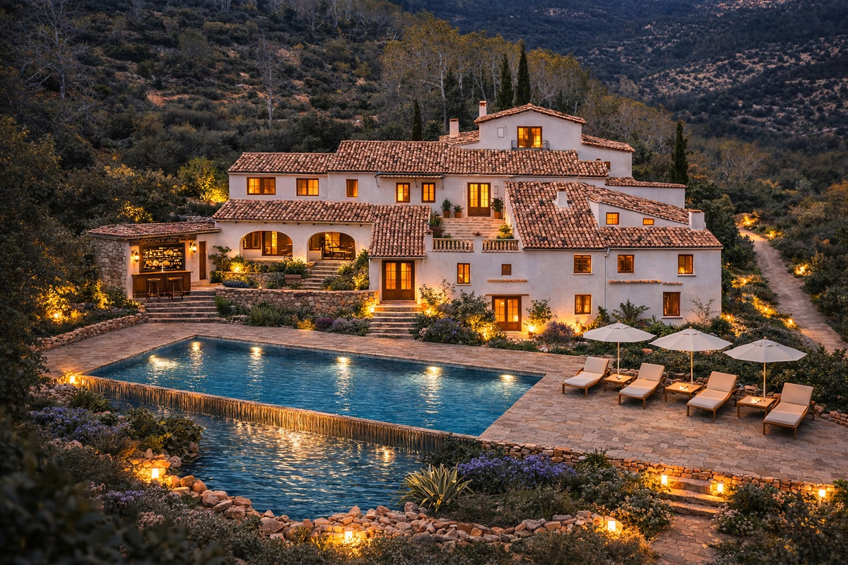 Render: the masia lit at night with its pool