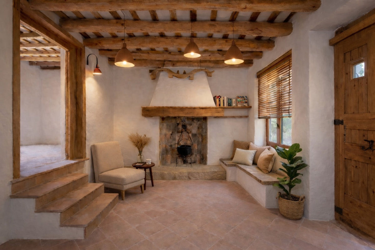 Render: the lounge with sofas and beams