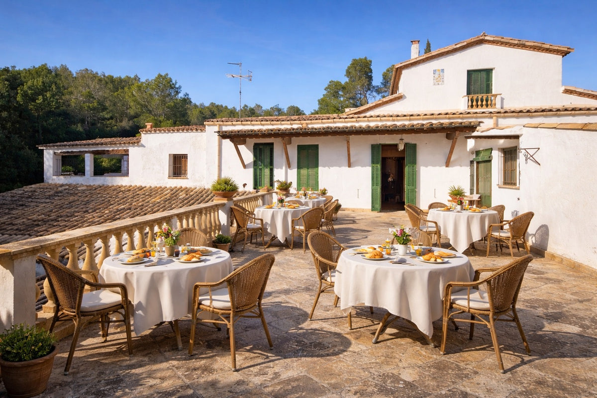 Render: a long table laid on the terrace